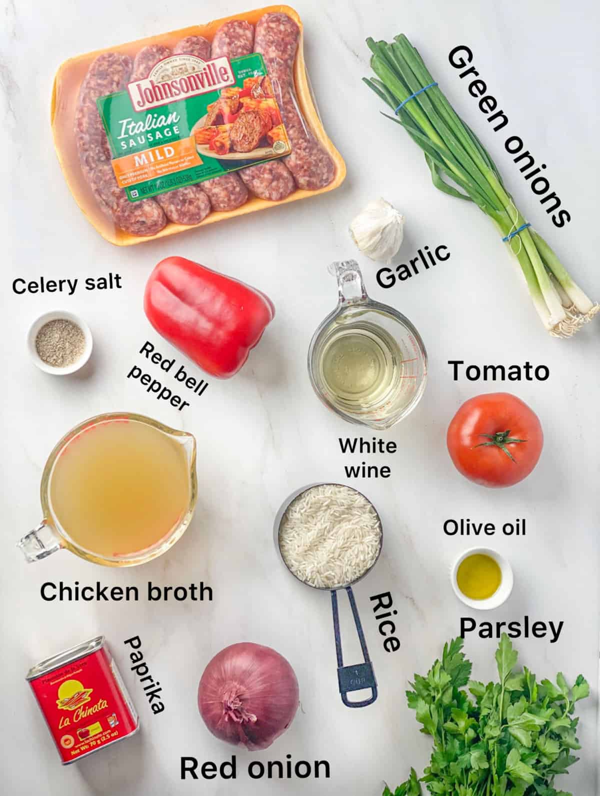 Ingredients to make Gordon Ramsay's spicy sausage rice.