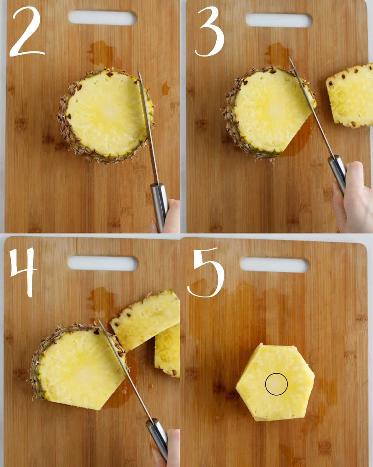 Four step image collage showing how to slice the skin off of a pineapple.