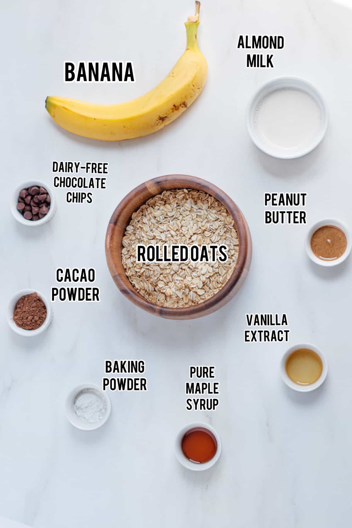 Ingredients to make chocolate baked oatmeal.