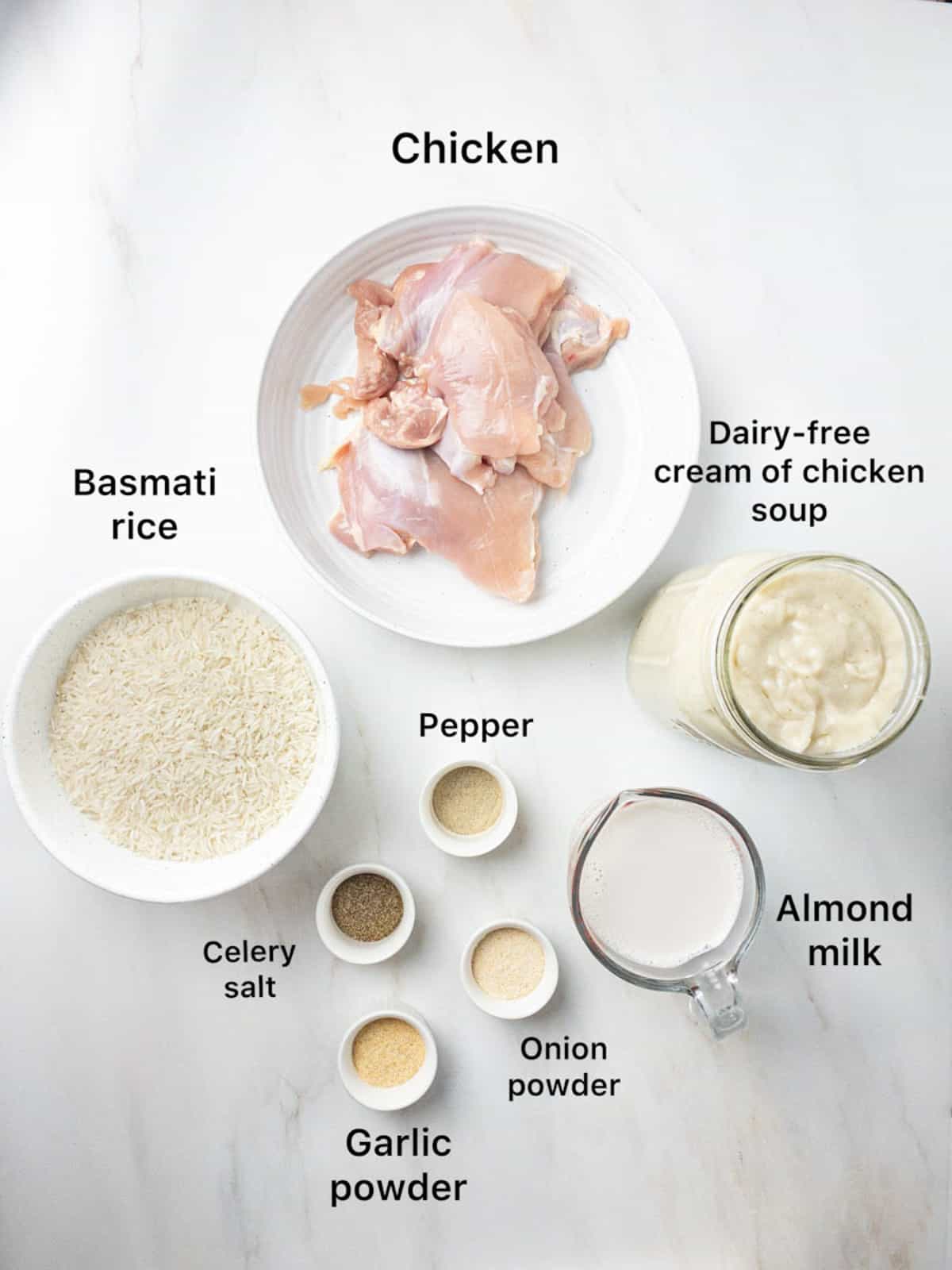 Ingredients to make dairy-free chicken and rice casserole.