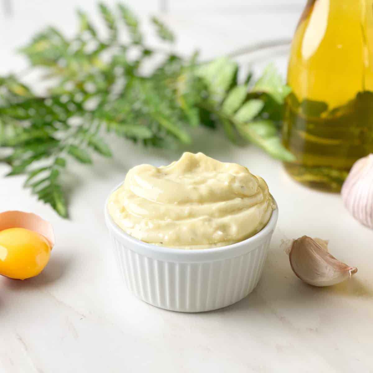 Homemade garlic mayonnaise in a white ramekin with greenery behind it and an egg yolk and a garlic clove beside it. e