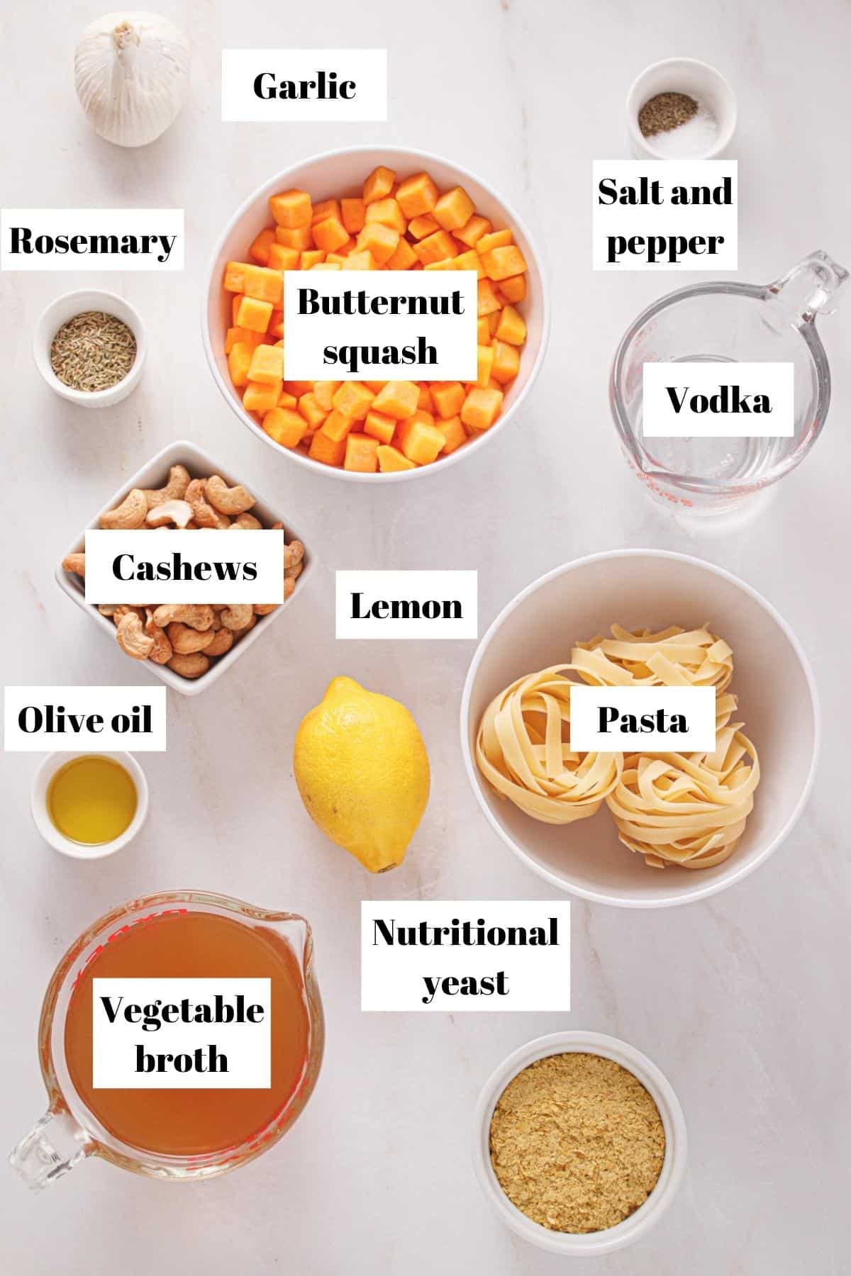 Ingredients to make butternut squash vodka sauce.