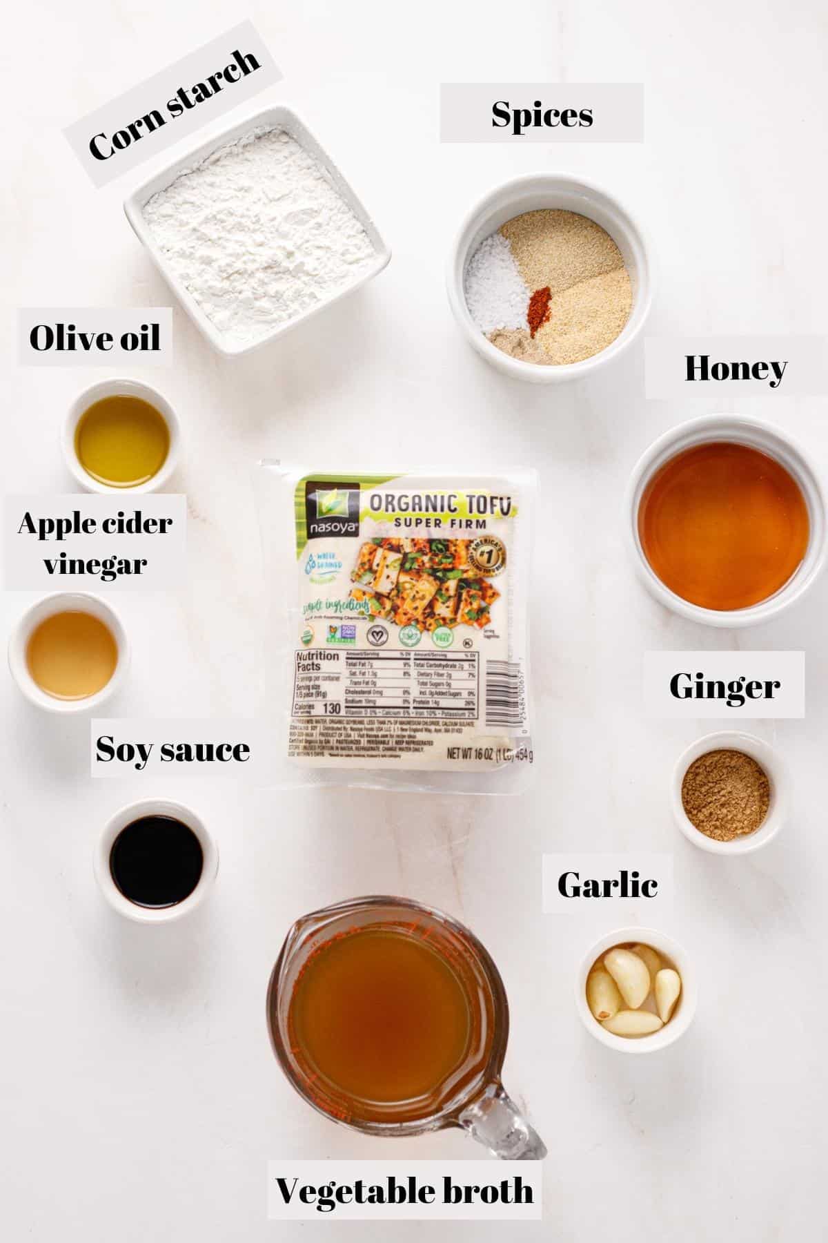 Ingredients to make honey garlic tofu.