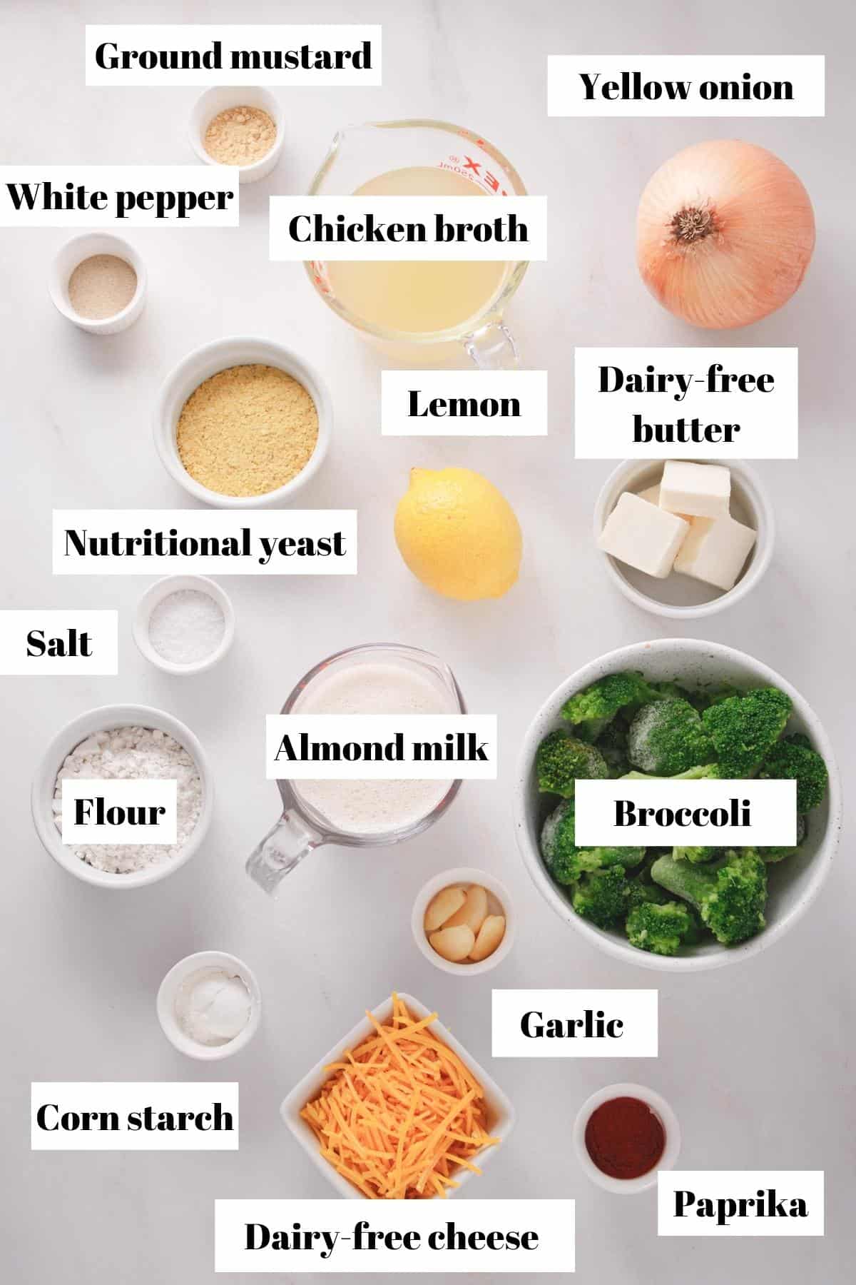 Ingredients to make dairy-free broccoli cheese soup.
