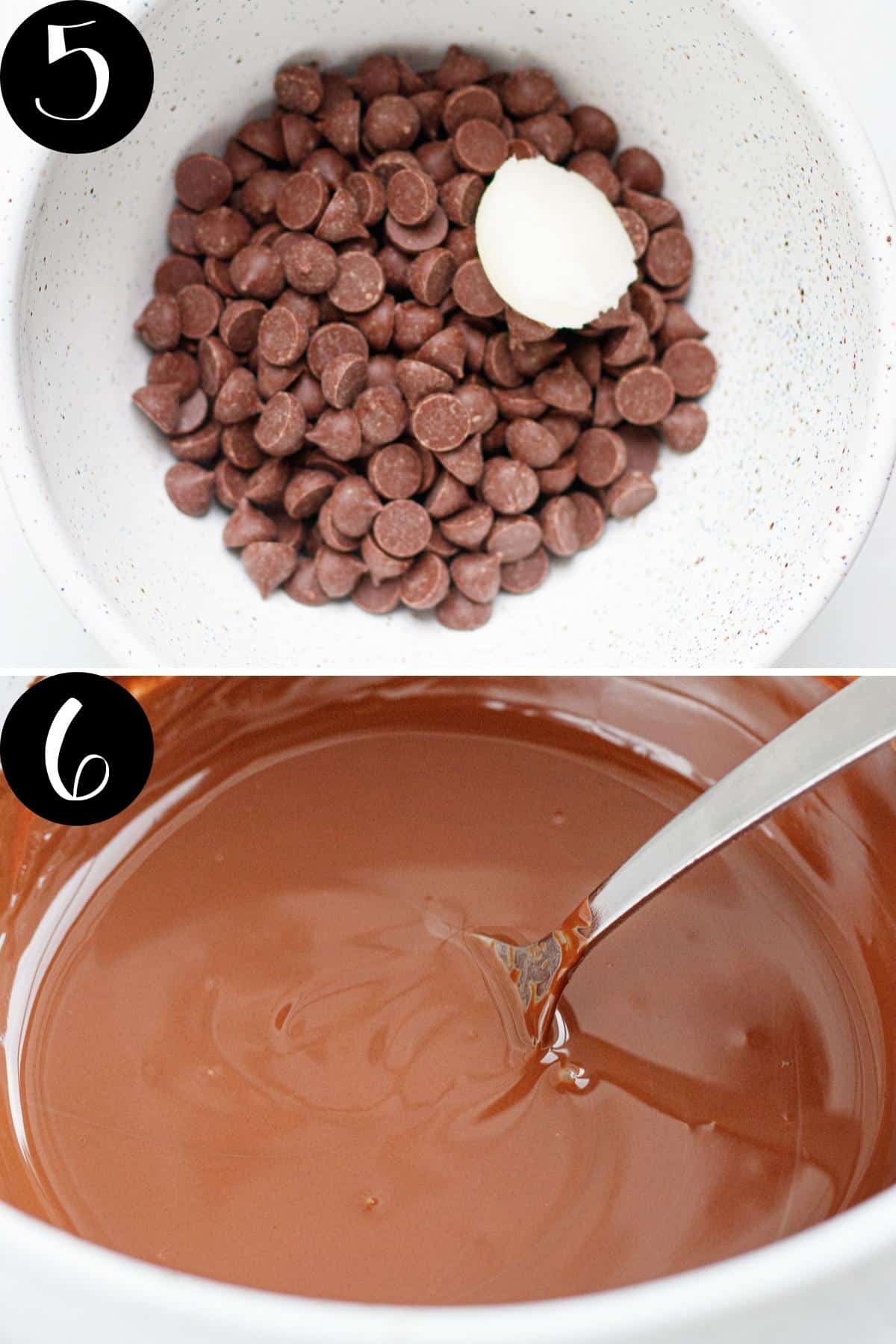 Two images of a before and after of melting chocolate.