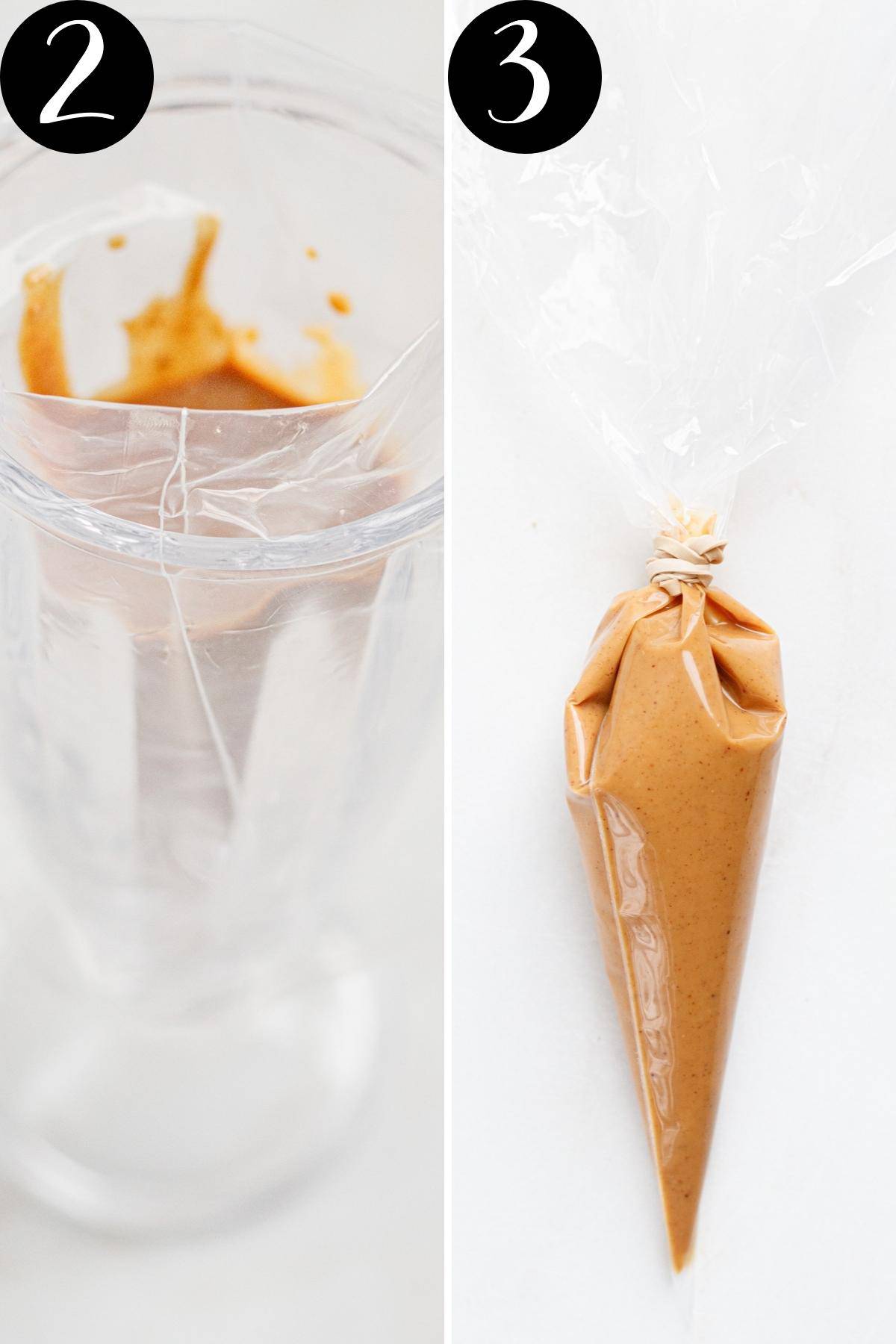 Two images of how to put peanut butter in a piping bag.