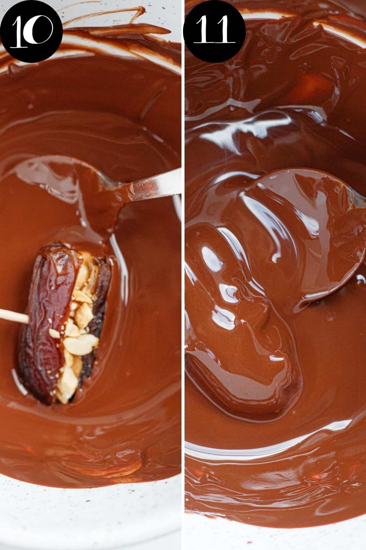 Two images of dipping the snicker date in melted chocolate.
