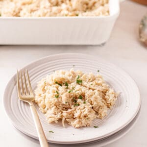 Dairy-free chicken and rice casserole on a white plate.