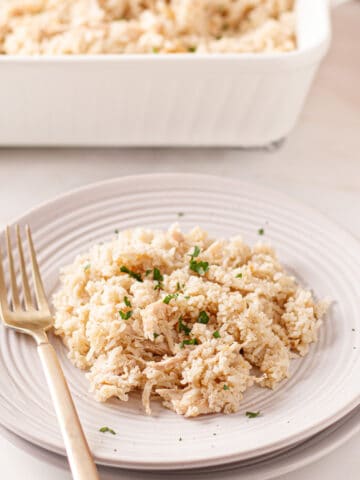 Dairy-free chicken and rice casserole on a white plate.
