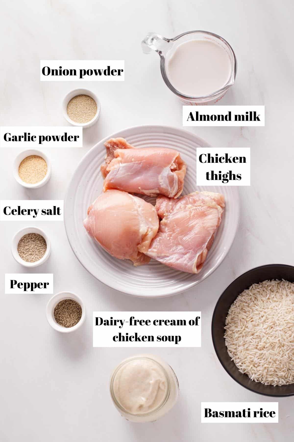 Ingredients to make dairy-free chicken and rice casserole.