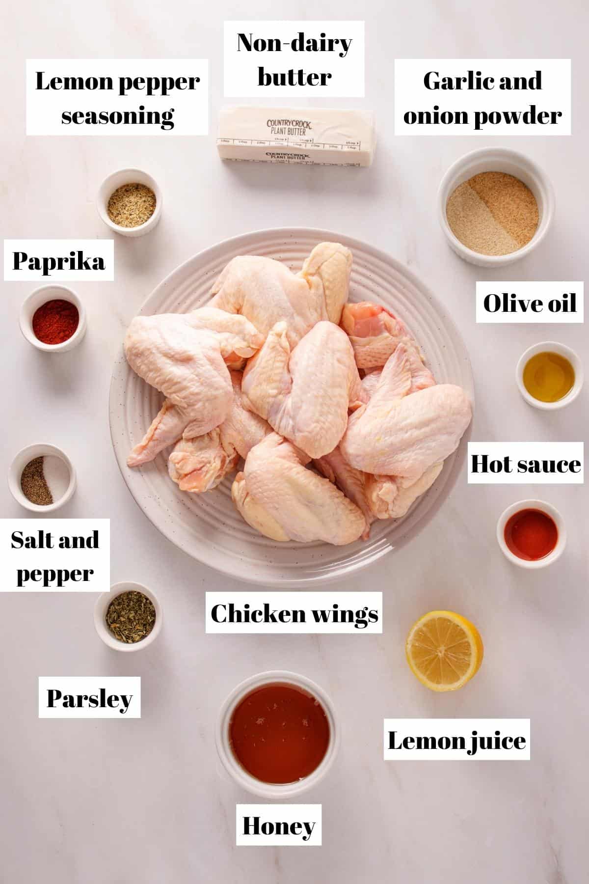 Ingredients to make honey lemon pepper wings.