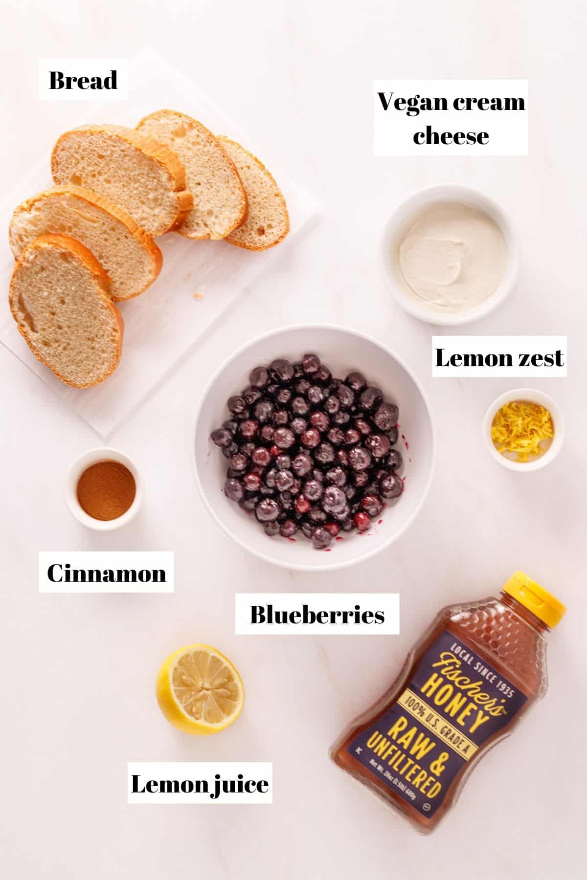 Ingredients to make blueberry toast.