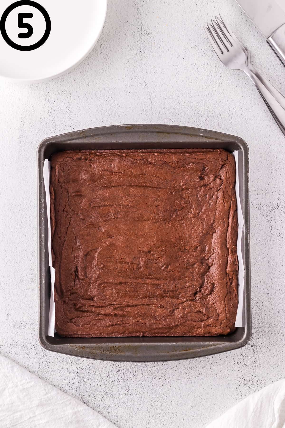 Baked dairy-free brownies in a pan.