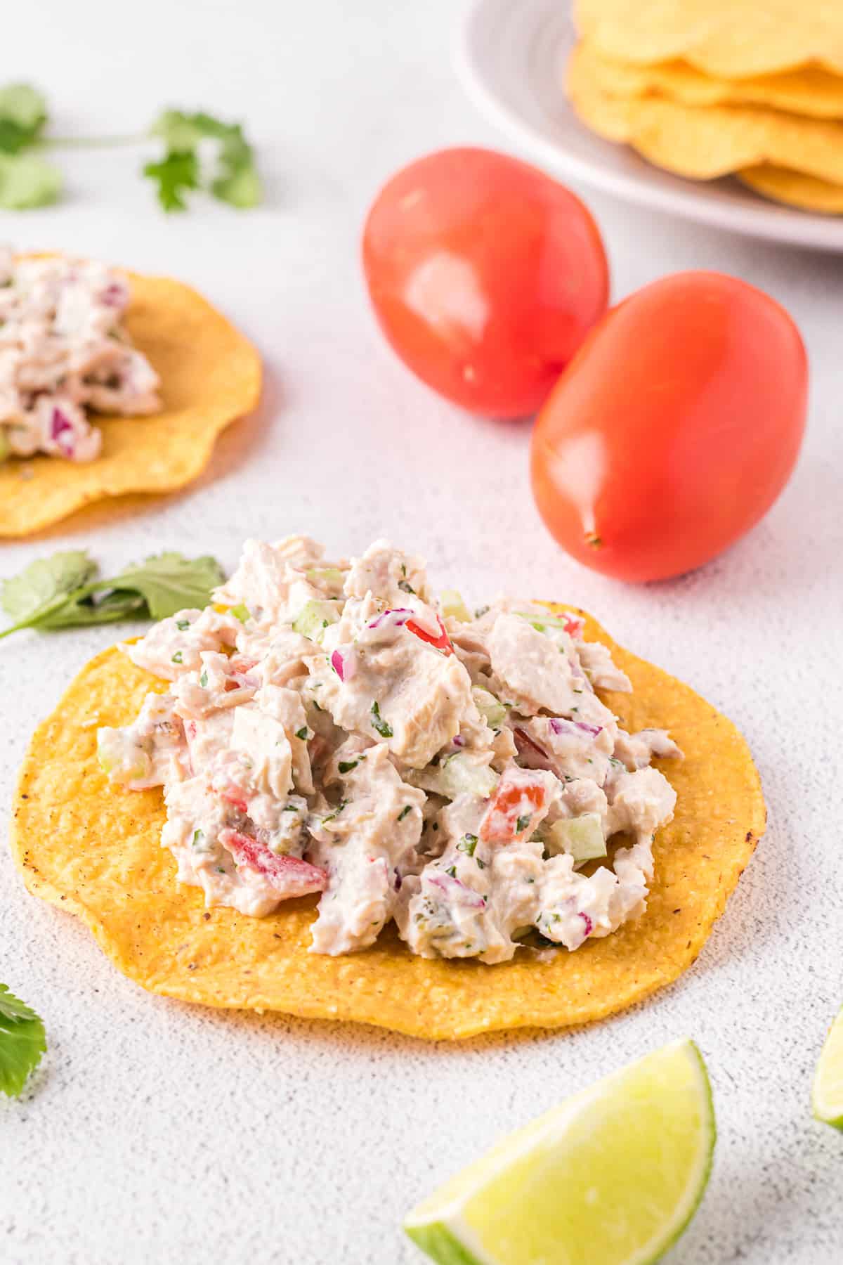 Mexican tuna salad on a tostada.