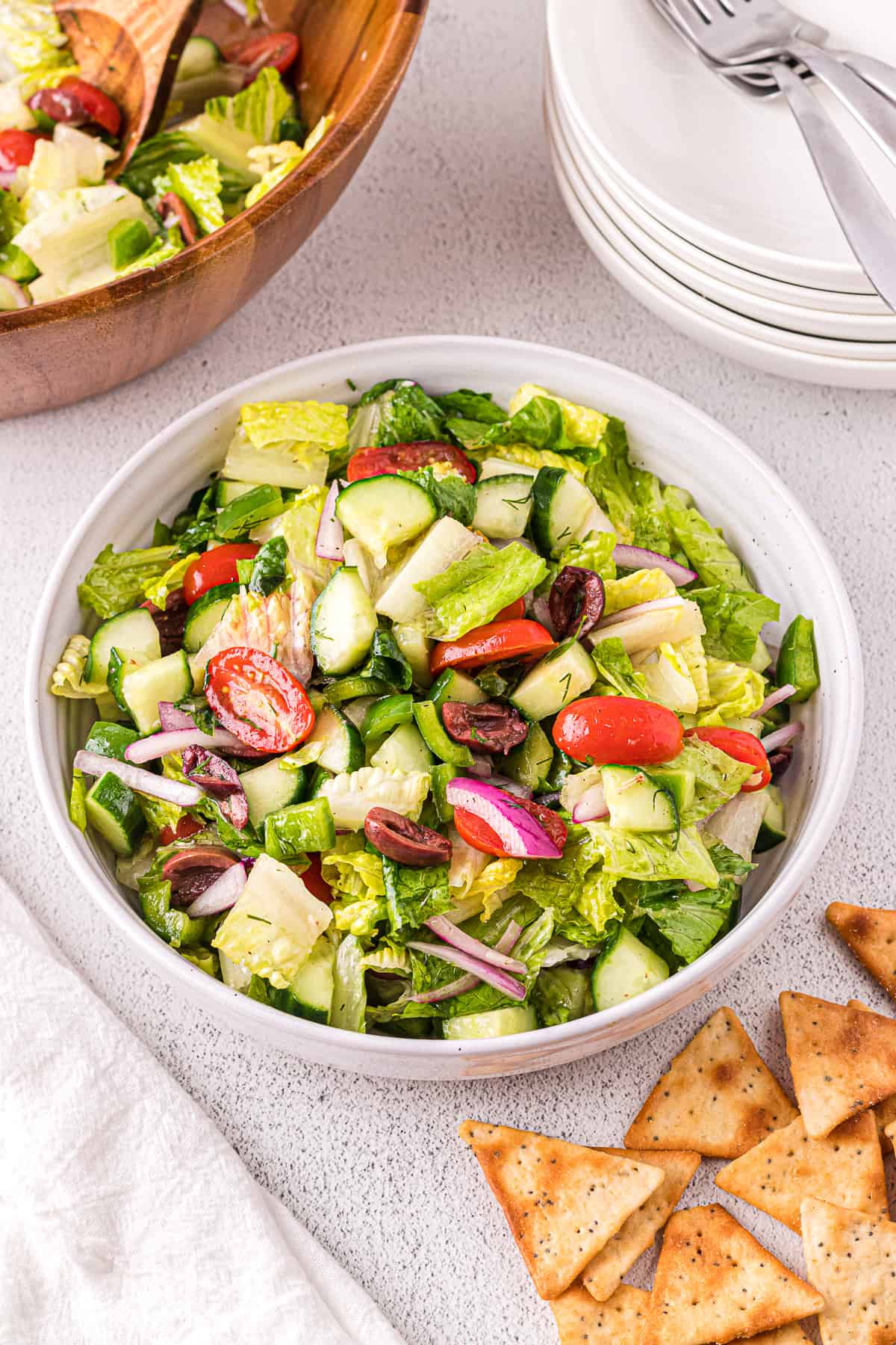 Dairy-free chopped Greek Salad in a bowl.