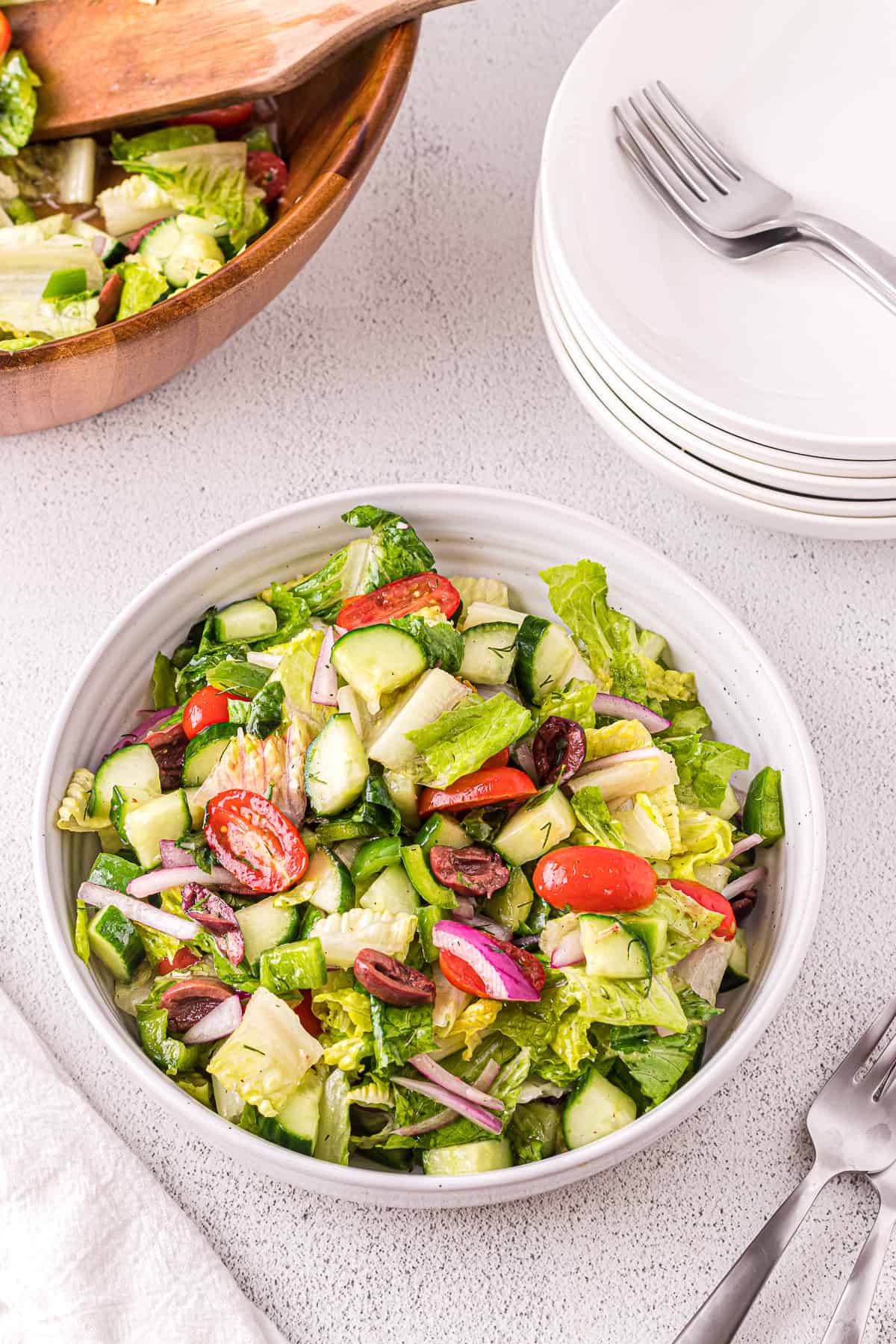 Dairy-free chopped Greek Salad in a bowl.