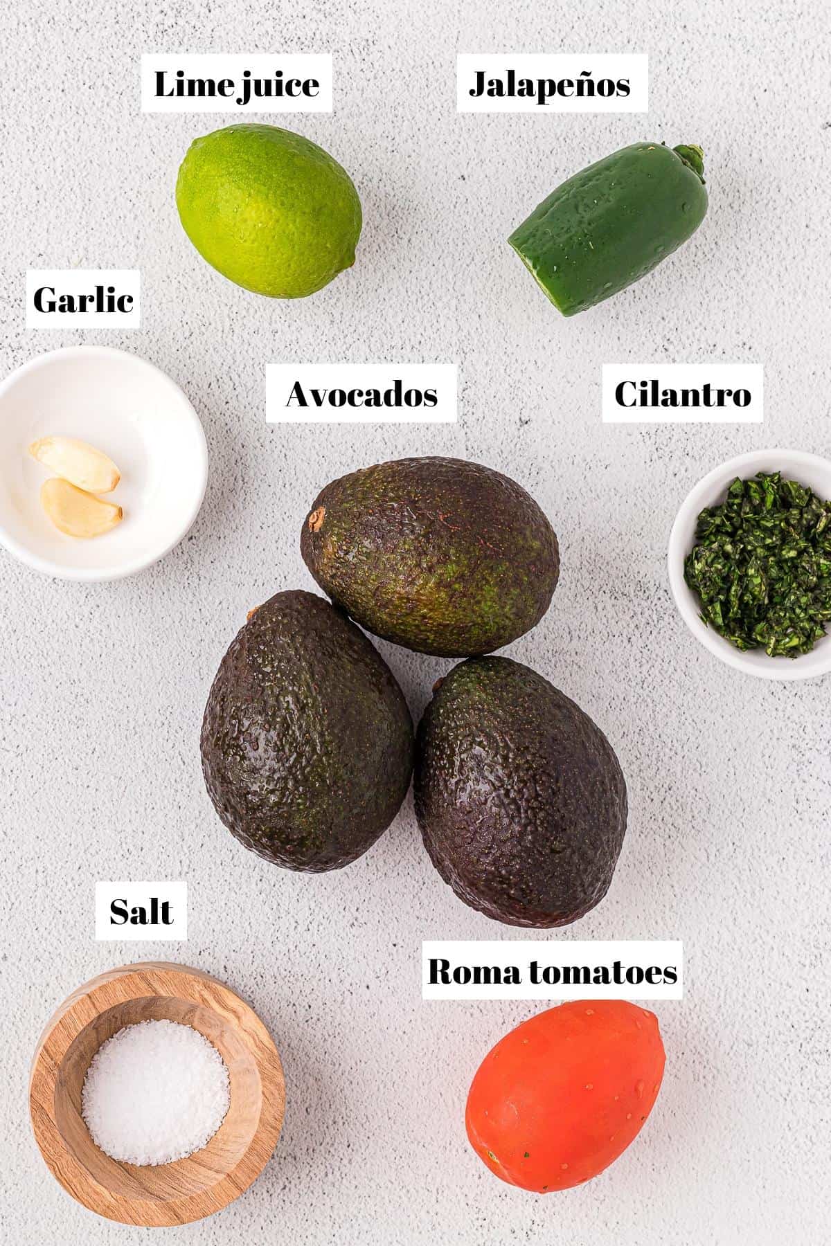 Ingredients to make guacamole without onions.