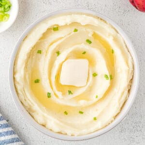 Dairy-free mashed potatoes in a white bowl.