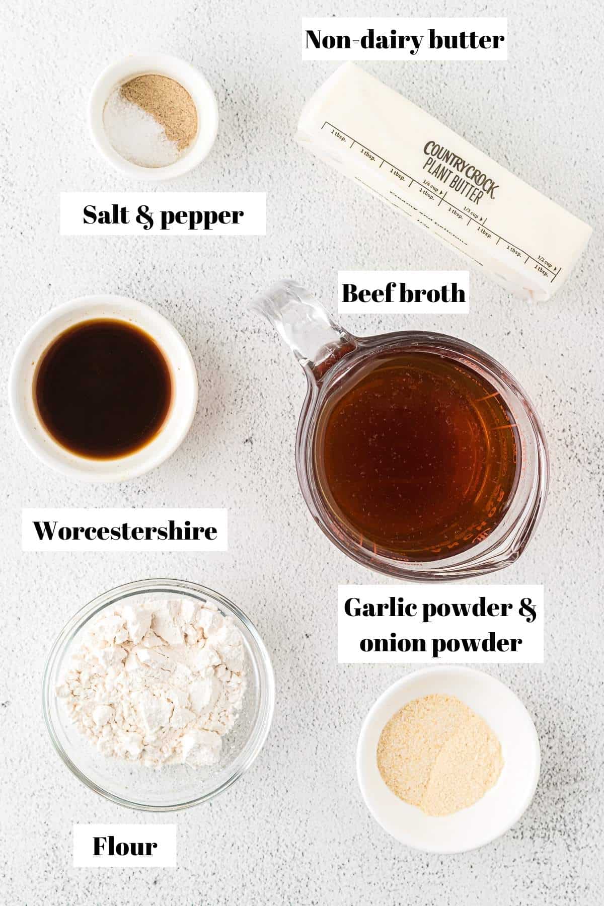 Ingredients to make dairy-free brown gravy. Text on image to label ingredients.