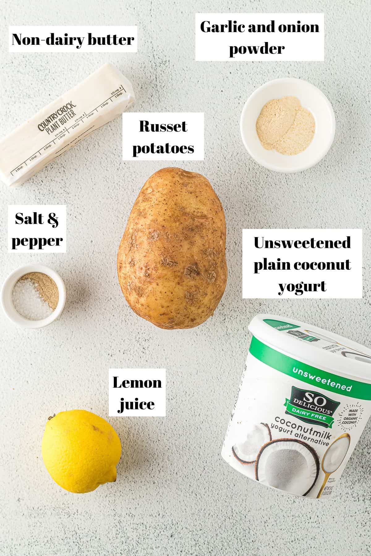 Ingredients to make dairy-free mashed potatoes. Image has text for labeling ingredients.