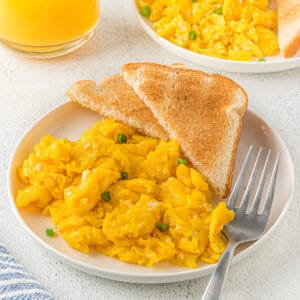 Scrambled eggs on a plate.