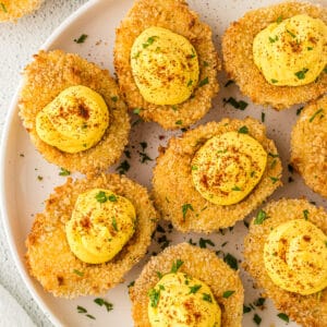 Air fryer deviled eggs on a plate.