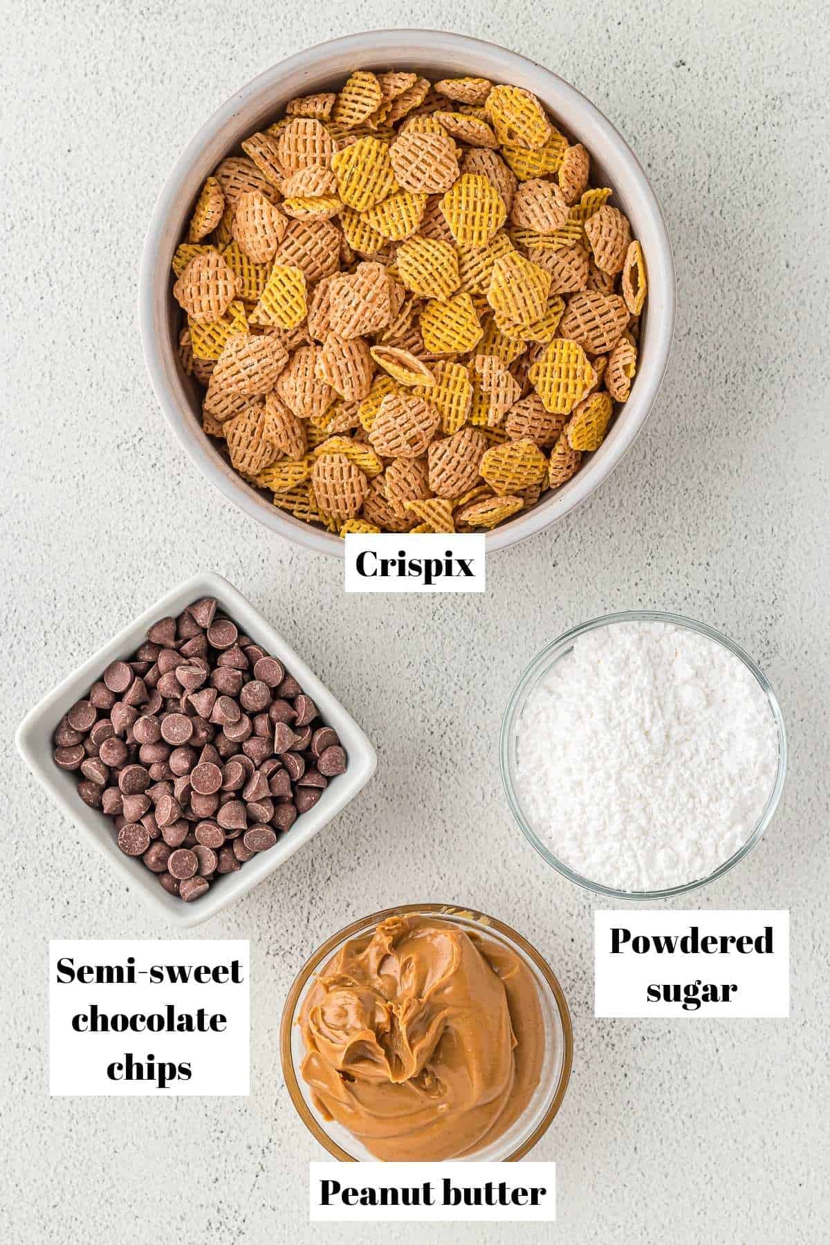 Ingredients to make puppy chow with Crispix. Text on image for labeling ingredients.